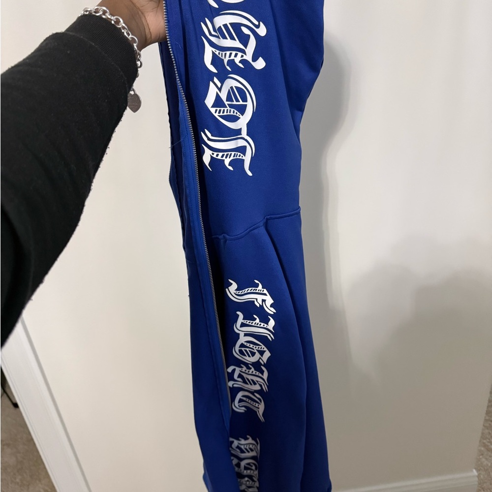 Blue Hoodie with White Gothic Print